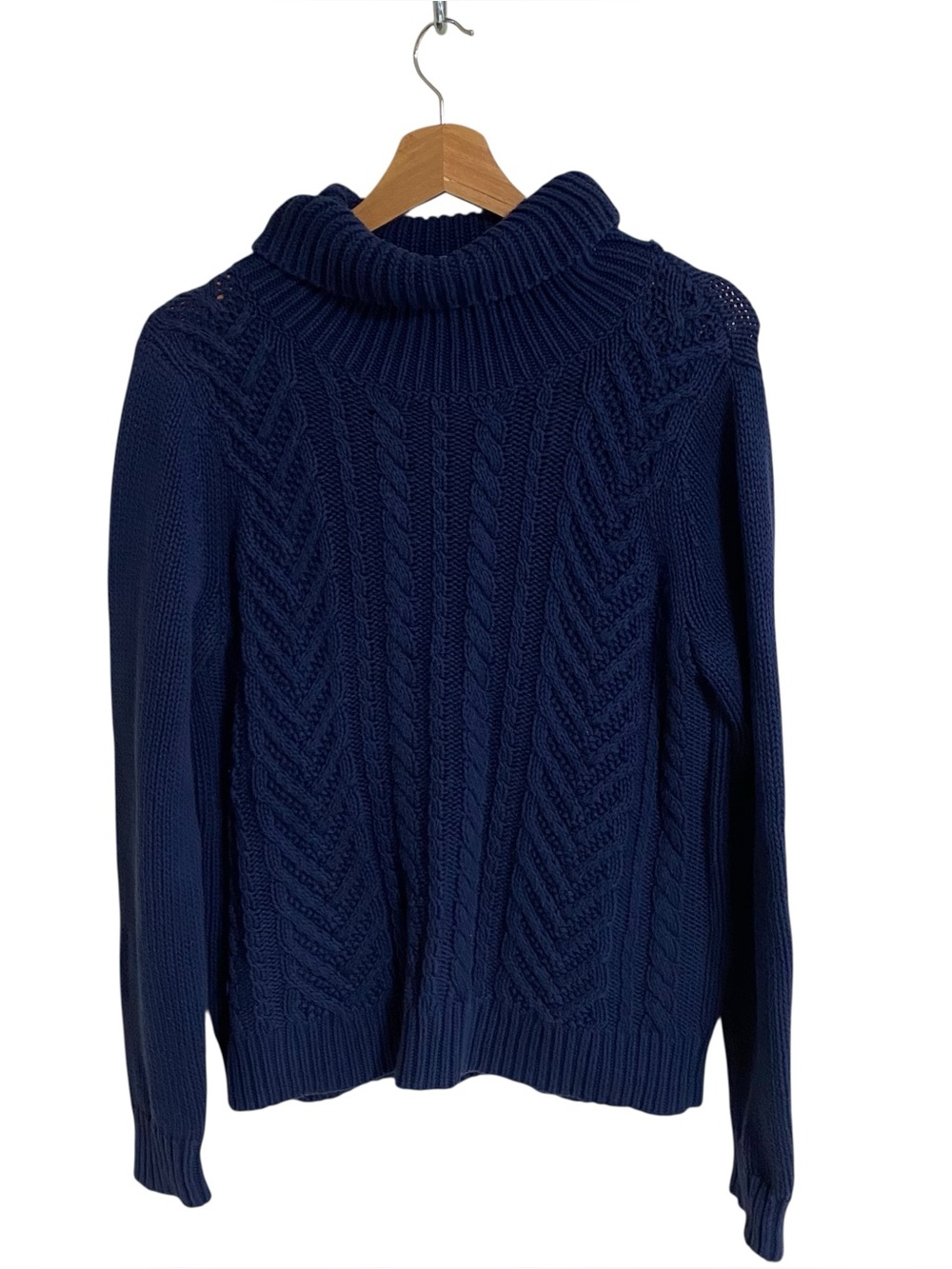 Lands’End drifter navy blue chunky cable knit turtleneck cozy sweater size M